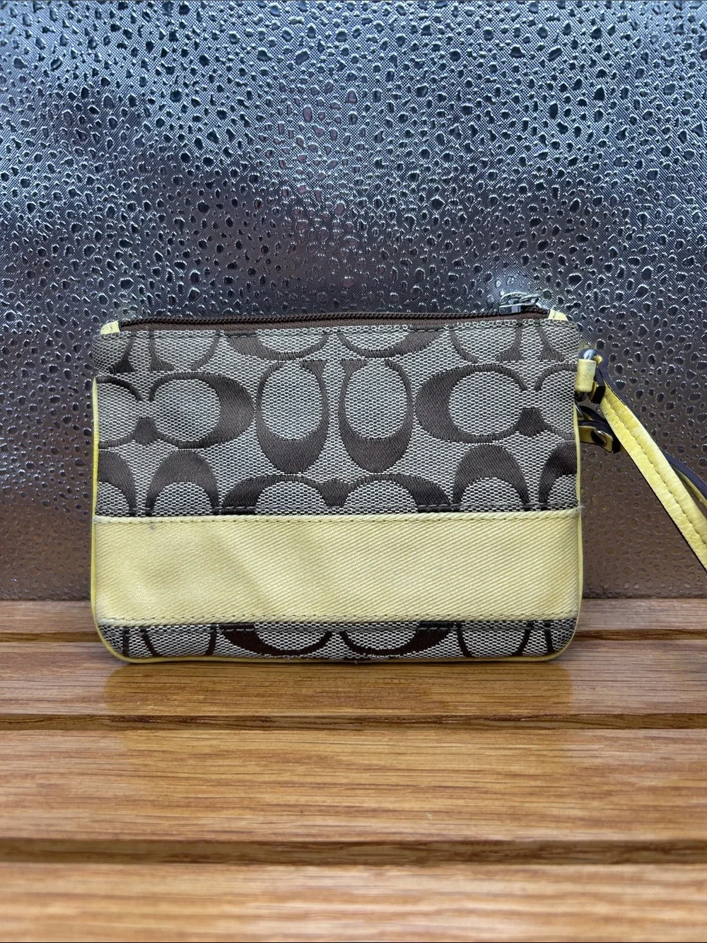 COACH 40028 Legacy Stripe Yellow Brown Monogram Zip Leather Wristlet Tag 6” X 4”
